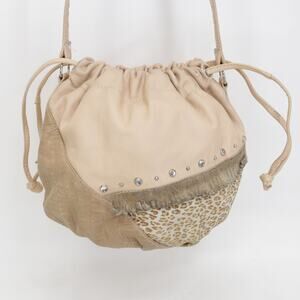 LJ Simone Handbag Medium Cream Natural Leopard Leather Bling Purse Bucket Bag